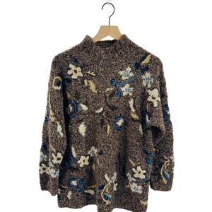 Thyme Floral Textured Boucle Knit Pullover Sweater Wool Blend Brown Size M